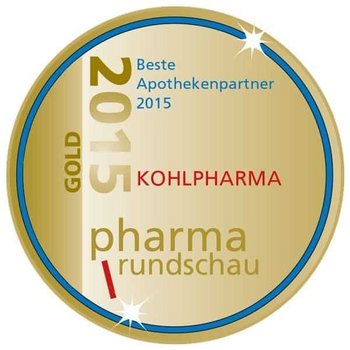 Kohlpharma Bester Apothekenpartner 2015 Goldene Medaille mit Inschrift Kohlpharma Bester Apothekenpartner 2015 und pharma rundschau Logo.