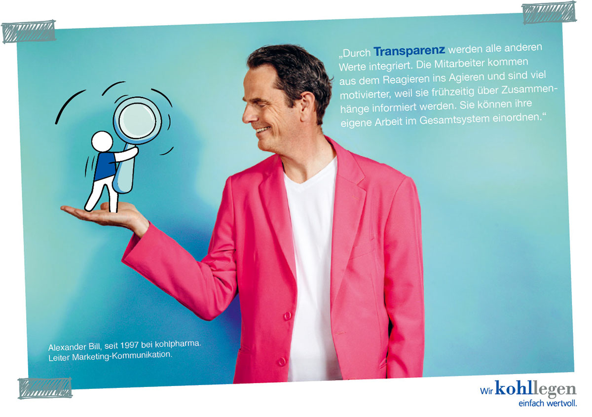 Alexander Bill in pink suit holding cartoon figure with magnifying glass against light blue background