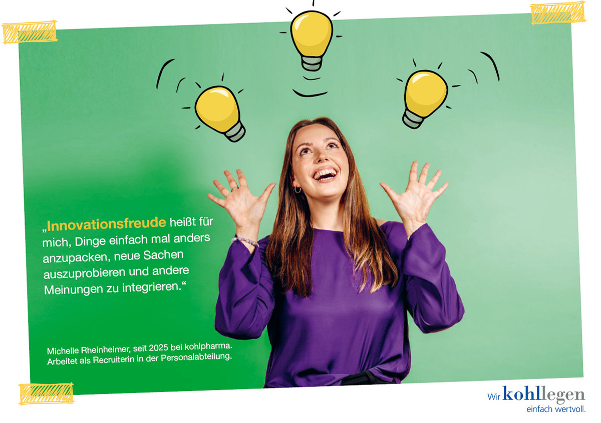 Michelle Rheinheimer mit leuchtenden Gluehbirnen ueber dem Kopf und einem Zitat ueber Innovationsfreude